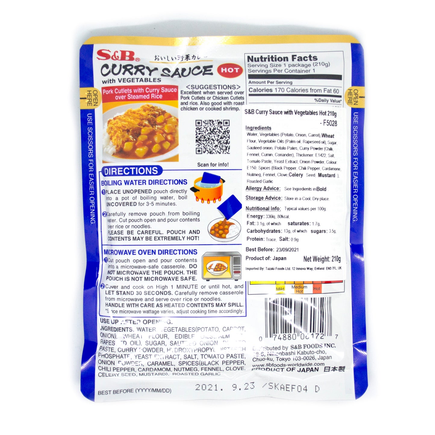 S&B Curry Sauce with Vegetables Hot 210g