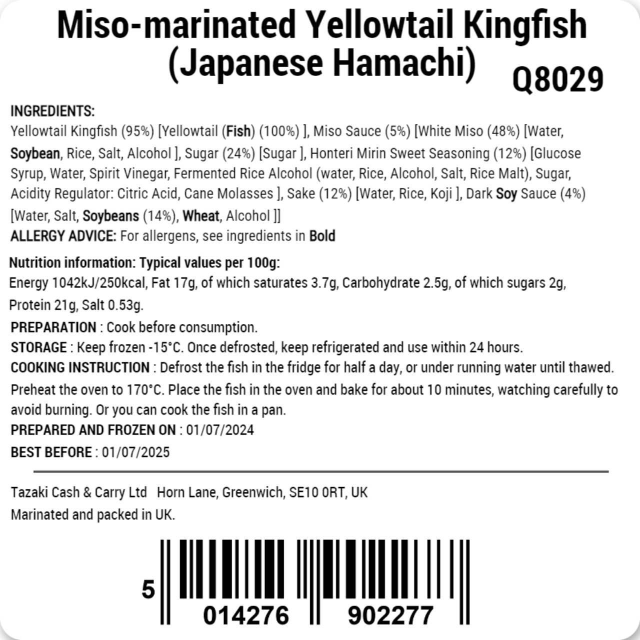 Miso-Marinated Yellowtail Kingfish (Japanese Hamachi) 80g